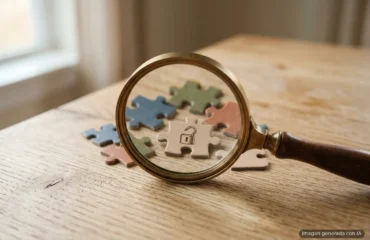 7077-como-identificar-extension-navegador-recopila-datos Lupa de latón sobre piezas de puzle de colores, una de ellas con un candado abierto grabado. Imagen generada con IA.