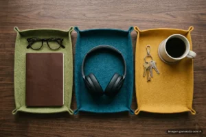 Tres bandejas de fieltro de colores con gafas y libreta, unos auriculares y llaves con una taza. Imagen generada con IA.
