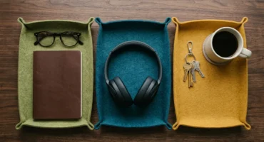 Tres bandejas de fieltro de colores con gafas y libreta, unos auriculares y llaves con una taza. Imagen generada con IA.