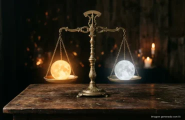 Balanza antigua de latón con una esfera dorada y otra plateada en sus platillos sobre una mesa de madera. Imagen generada con IA.