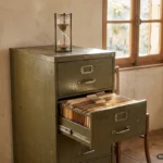 Archivador metálico verde con un cajón entreabierto lleno de carpetas y un reloj de arena encima, junto a una ventana. Imagen generada con IA.