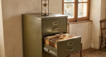 Archivador metálico verde con un cajón entreabierto lleno de carpetas y un reloj de arena encima, junto a una ventana. Imagen generada con IA.
