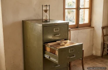 7105-actualizacion-septiembre-windows-rompe-historial-de-archivos Archivador metálico verde con un cajón entreabierto lleno de carpetas y un reloj de arena encima, junto a una ventana. Imagen generada con IA.