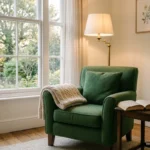 Sillón verde con una manta junto a una ventana, una lámpara encendida y un libro abierto con una taza en la mesita. Imagen generada con IA.