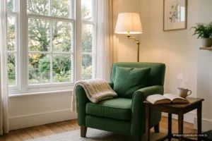 Sillón verde con una manta junto a una ventana, una lámpara encendida y un libro abierto con una taza en la mesita. Imagen generada con IA.