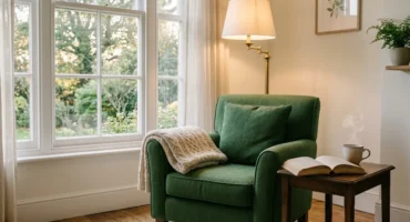 Sillón verde con una manta junto a una ventana, una lámpara encendida y un libro abierto con una taza en la mesita. Imagen generada con IA.