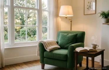Sillón verde con una manta junto a una ventana, una lámpara encendida y un libro abierto con una taza en la mesita. Imagen generada con IA.