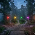 Sendero de bosque con niebla que se abre en seis caminos, cada uno con un farol de un color distinto. Imagen generada con IA.