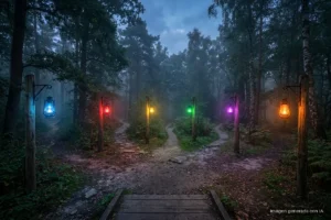 Sendero de bosque con niebla que se abre en seis caminos, cada uno con un farol de un color distinto. Imagen generada con IA.