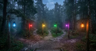 Sendero de bosque con niebla que se abre en seis caminos, cada uno con un farol de un color distinto. Imagen generada con IA.