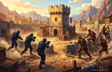 7119-counter-strike-2-rush-modo-3-contra-3-eleccion-mapas-premier Dos escuadras de soldados, una azul y otra naranja, asaltan una torre de piedra en una arena con cajas. Imagen generada con IA.