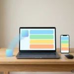 Portátil y móvil sobre una mesa con la misma aplicación de tarjetas de colores; un icono sale de la pantalla. Imagen generada con IA.