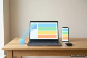 Portátil y móvil sobre una mesa con la misma aplicación de tarjetas de colores; un icono sale de la pantalla. Imagen generada con IA.