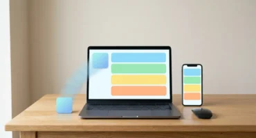 Portátil y móvil sobre una mesa con la misma aplicación de tarjetas de colores; un icono sale de la pantalla. Imagen generada con IA.