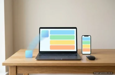 7136-que-es-pwa-cuando-sustituye-aplicacion-instalada Portátil y móvil sobre una mesa con la misma aplicación de tarjetas de colores; un icono sale de la pantalla. Imagen generada con IA.