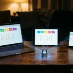 Portátil, tableta y móvil sobre una mesa unidos por hilos de luz azul a un pequeño candado metálico. Imagen generada con IA.