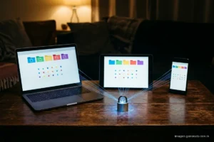 Portátil, tableta y móvil sobre una mesa unidos por hilos de luz azul a un pequeño candado metálico. Imagen generada con IA.