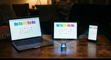 Portátil, tableta y móvil sobre una mesa unidos por hilos de luz azul a un pequeño candado metálico. Imagen generada con IA.