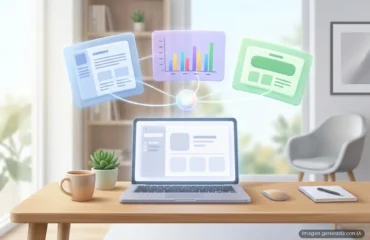 7142-microsoft-nuevo-copilot-home-code-autopilot-office Un portátil en un escritorio de madera con tres paneles flotantes: un documento, un gráfico de barras y una diapositiva. Imagen generada con IA.
