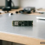 Unidad de almacenamiento SSD en formato M.2 sobre una mesa de metal, con componentes electrónicos y cables desenfocados al fondo.