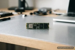 Unidad de almacenamiento SSD en formato M.2 sobre una mesa de metal, con componentes electrónicos y cables desenfocados al fondo.