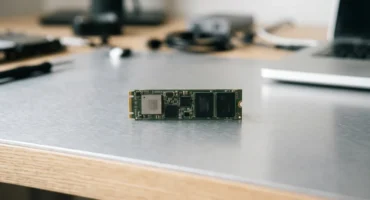 Unidad de almacenamiento SSD en formato M.2 sobre una mesa de metal, con componentes electrónicos y cables desenfocados al fondo.
