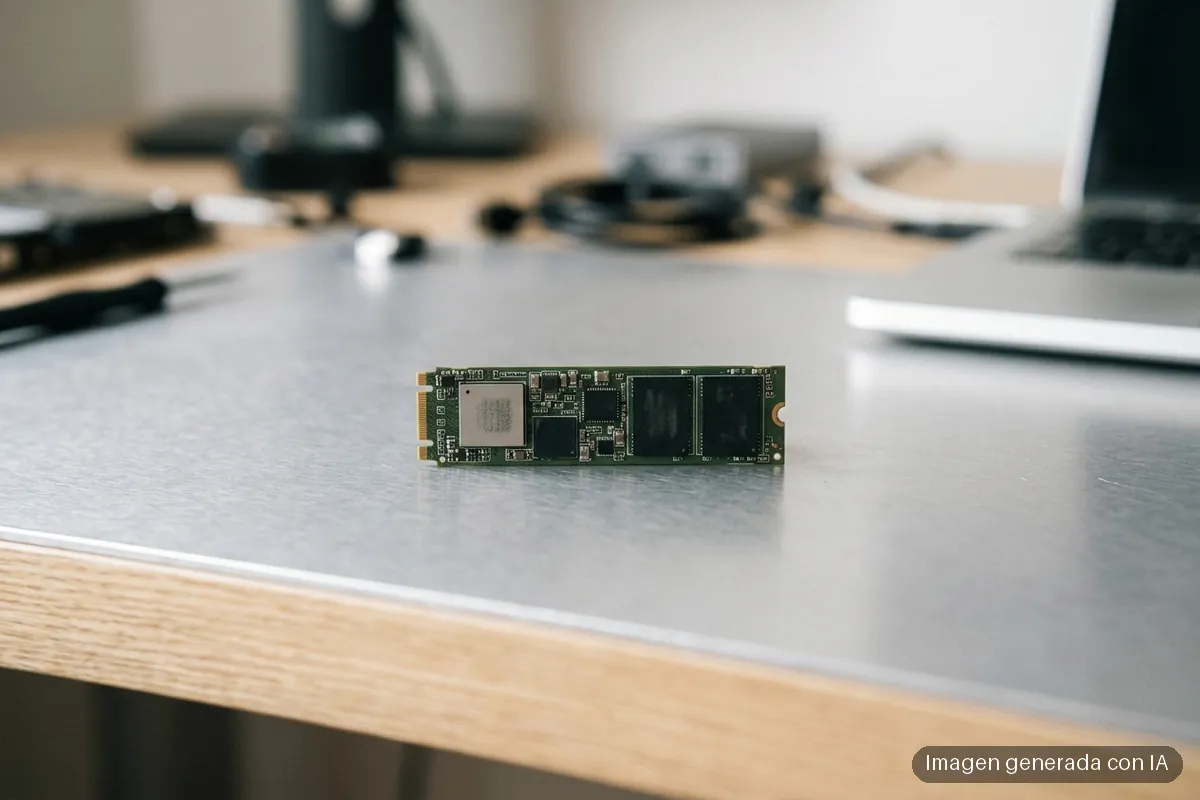 72-macbook-neo-ssd-desgaste-alarmante-techpowerup Unidad de almacenamiento SSD en formato M.2 sobre una mesa de metal, con componentes electrónicos y cables desenfocados al fondo.