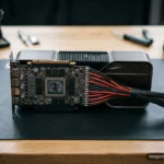 Tarjeta gráfica con disipador de aluminio y cables de alimentación rojo y negro sobre una almohadilla negra en una mesa de madera con herramientas alrededor.