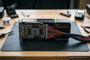 Tarjeta gráfica con disipador de aluminio y cables de alimentación rojo y negro sobre una almohadilla negra en una mesa de madera con herramientas alrededor.
