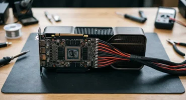 Tarjeta gráfica con disipador de aluminio y cables de alimentación rojo y negro sobre una almohadilla negra en una mesa de madera con herramientas alrededor.