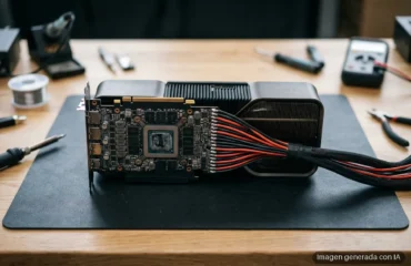 75-modders-sueldan-cables-rtx-5090-conector-16-pines Tarjeta gráfica con disipador de aluminio y cables de alimentación rojo y negro sobre una almohadilla negra en una mesa de madera con herramientas alrededor.