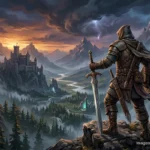 Guerrero medieval con espada viendo un castillo en un valle montañoso con cielo tormentoso y relámpagos.