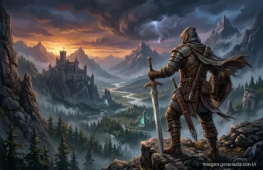 Guerrero medieval con espada viendo un castillo en un valle montañoso con cielo tormentoso y relámpagos.