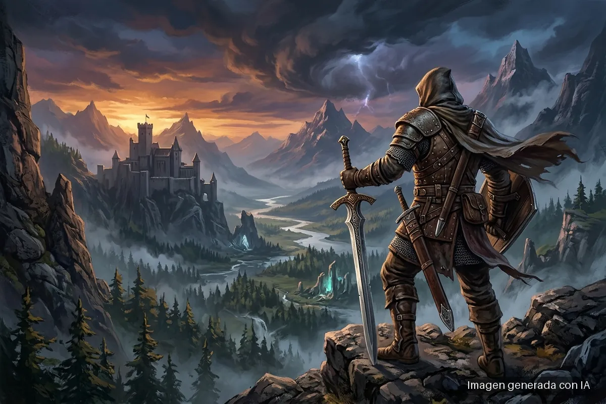 77-cd-projekt-the-witcher-4-ya-funciona-en-pc-y-consolas Guerrero medieval con espada viendo un castillo en un valle montañoso con cielo tormentoso y relámpagos.