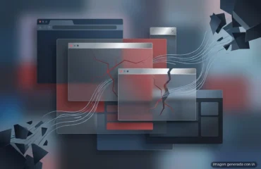 Varias ventanas de navegador superpuestas con fondos rojos y azules, líneas de flujo de datos y fragmentos geométricos negros flotando alrededor.