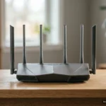 Router inalámbrico de color negro y gris con seis antenas externas sobre una mesa de madera.