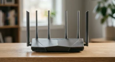 Router inalámbrico de color negro y gris con seis antenas externas sobre una mesa de madera.