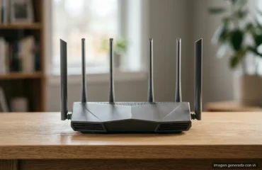 82-tp-link-archer-8-ultra-preorder-wifi-8 Router inalámbrico de color negro y gris con seis antenas externas sobre una mesa de madera.