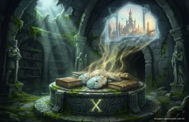 83-disco-a-digital-xbox-juegos-retirados Cámara interior de piedra antigua con libros y discos metálicos sobre un pedestal central, guardias de piedra a los lados, musgo verde en las paredes y vista a…