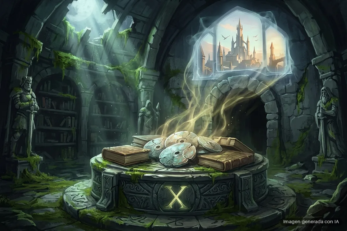83-disco-a-digital-xbox-juegos-retirados Cámara interior de piedra antigua con libros y discos metálicos sobre un pedestal central, guardias de piedra a los lados, musgo verde en las paredes y vista a…