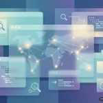 Varias ventanas de navegador superpuestas con iconos de búsqueda, lupa y datos, conectadas por líneas de luz sobre un mapa mundial con puntos brillantes de red.