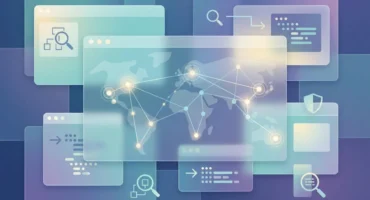 Varias ventanas de navegador superpuestas con iconos de búsqueda, lupa y datos, conectadas por líneas de luz sobre un mapa mundial con puntos brillantes de red.