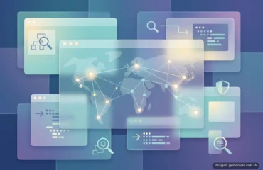 87-linux-se-acerca-2000-cve-version-ia-cazabugs Varias ventanas de navegador superpuestas con iconos de búsqueda, lupa y datos, conectadas por líneas de luz sobre un mapa mundial con puntos brillantes de red.