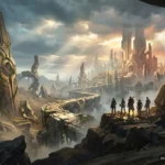 Grupo de figuras en una plataforma rocosa observan una ciudad futurista con torres doradas al fondo, rodeada de acantilados y niebla bajo un cielo nublado.
