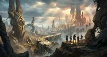 Grupo de figuras en una plataforma rocosa observan una ciudad futurista con torres doradas al fondo, rodeada de acantilados y niebla bajo un cielo nublado.