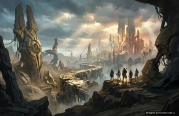 88-stellar-blade-switch-2-dlss-fsr-3-1-60-fps Grupo de figuras en una plataforma rocosa observan una ciudad futurista con torres doradas al fondo, rodeada de acantilados y niebla bajo un cielo nublado.