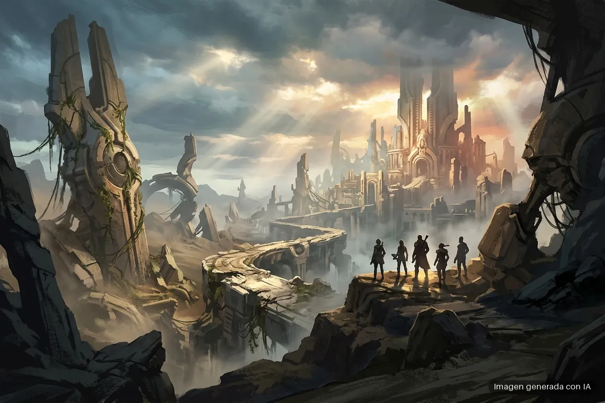88-stellar-blade-switch-2-dlss-fsr-3-1-60-fps Grupo de figuras en una plataforma rocosa observan una ciudad futurista con torres doradas al fondo, rodeada de acantilados y niebla bajo un cielo nublado.