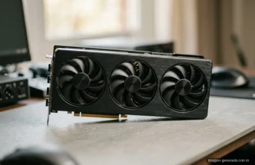 93-rtx-5090-precio-5000-dolares-blackwell Tarjeta gráfica con tres ventiladores negros sobre una mesa de escritorio, con un monitor y otros dispositivos desenfocados al fondo. Imagen generada con IA.