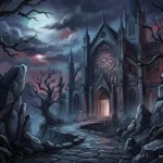 Catedral gótica con torres puntiagudas e iluminada vista a través de un túnel de roca oscura, bajo un cielo nublado con luna llena. Imagen generada con IA.