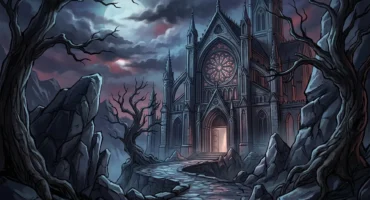 Catedral gótica con torres puntiagudas e iluminada vista a través de un túnel de roca oscura, bajo un cielo nublado con luna llena. Imagen generada con IA.